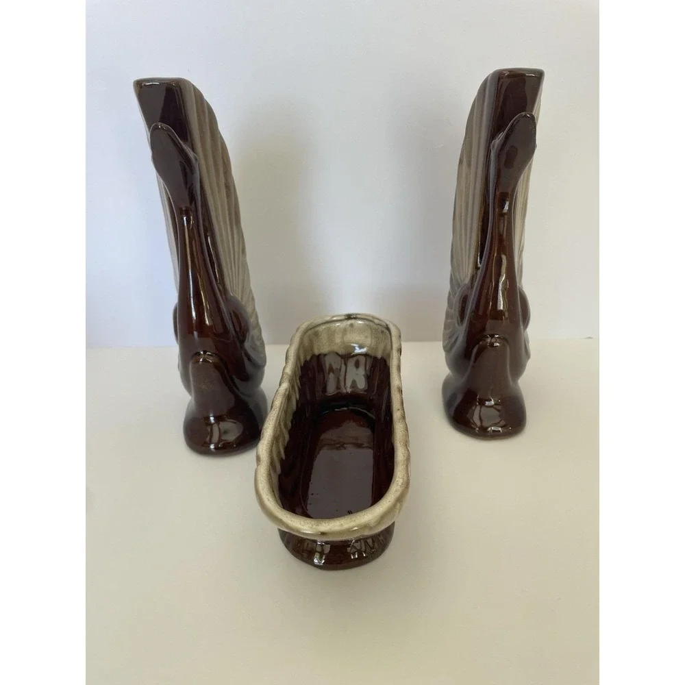 Vintage Swan Planter Set Rockingham Brown‎ Drip Glaze Console Mid Century W Box